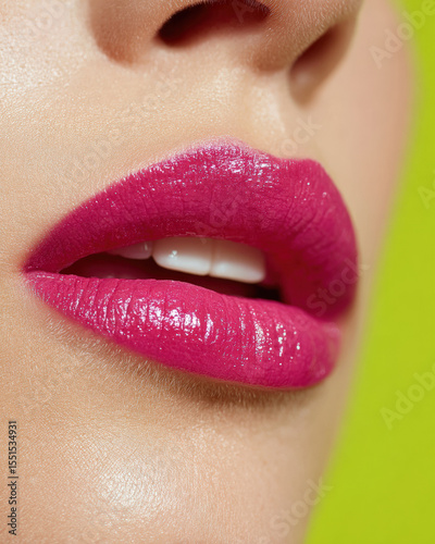 Closeup of vibrant raspberry pink lipstick on full lips, showcasing glossy finish against bright lime green background, creating striking and playful contrast