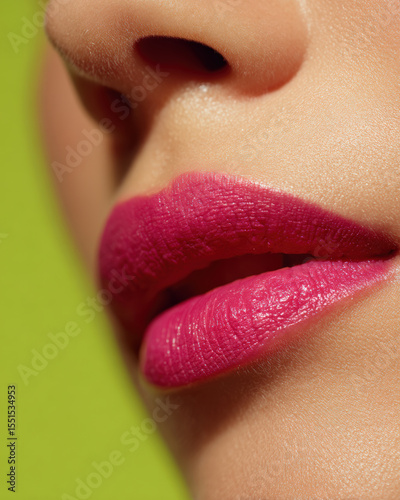 Closeup of vibrant raspberry pink lipstick applied on smooth lips, set against bright lime green background, creating striking contrast that enhances beauty of makeup