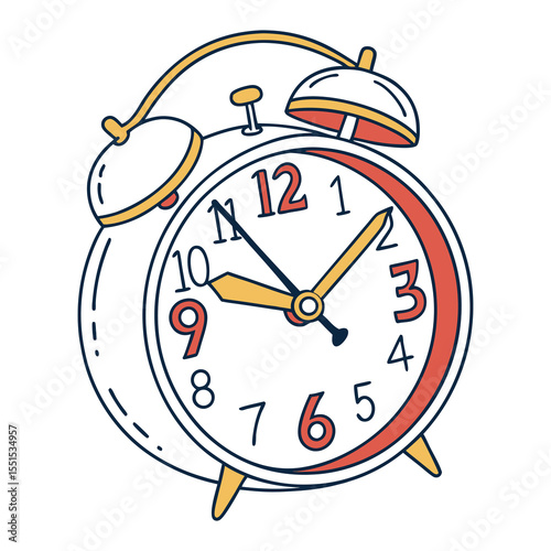 A simple stylized cartoon illustration of a classic twin bell alarm clock with a white face red and yellow accents and a dark outline on a white background