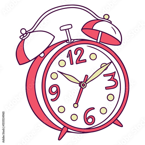 A charming illustration of a retro red alarm clock with a white face and yellow dots marking the hours