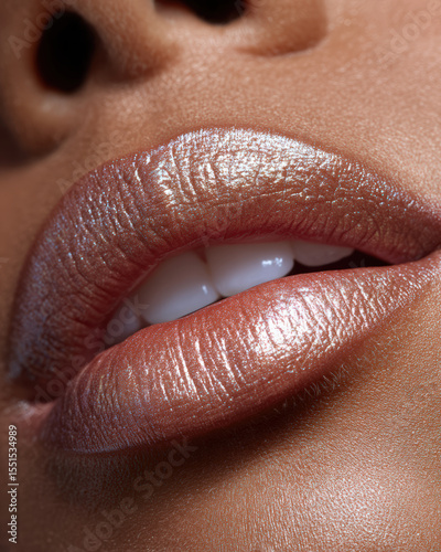 Close up view of luscious lips showcasing creamy, shimmering lipstick in warm, nude tone. high detail captures texture and shine, evoking sense of beauty and elegance