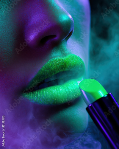 Close up shot of vibrant green lipstick applied on full lips, illuminated by neon lighting, creating futuristic and artistic beauty aesthetic. atmosphere is enhanced by smoky effect