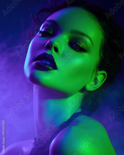 Stunning beauty shot featuring model with bold lipstick and glowing skin, illuminated by vibrant neon green and purple lighting, creating futuristic and captivating atmosphere