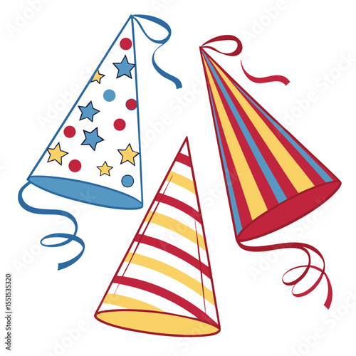 Festive Party Hats with Fun Patterns and Ribbons