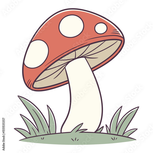Charming cartoon illustration of a red and white spotted mushroom growing in green grass with a white background