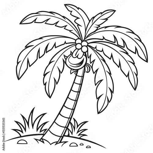 Black and White Tropical Beach with Leaning Palm Tree and Island