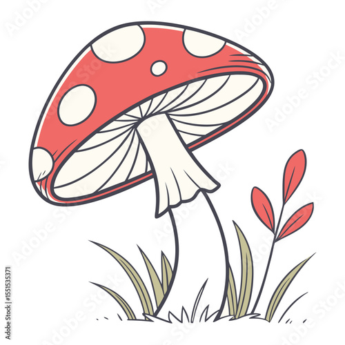 A charming cartoon illustration of a red and white spotted amanita muscaria mushroom growing in green grass with a small red leafed plant