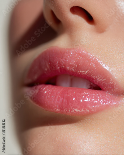 Sheer pink lip tint gloss enhances natural beauty of lips, creating glossy shine that reflects light beautifully. This captures essence of youthful elegance and allure