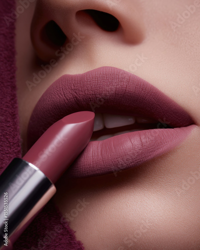 Close up of mauve lipstick being applied to soft, full lips, showcasing smooth matte finish that complements rich color. image evokes sense of elegance and beauty