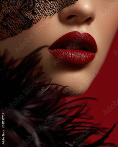 Close up of woman lips adorned with deep red lipstick, set against vibrant red background. image features intricate lace and soft feathers, creating dramatic and elegant look