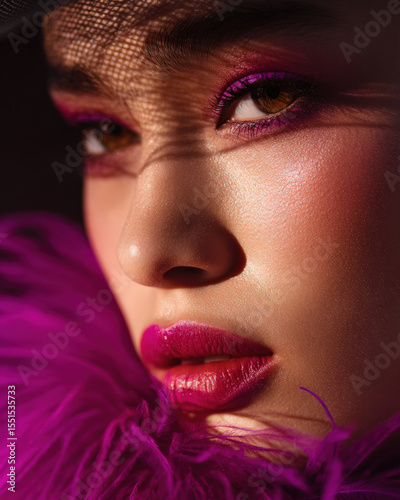 Close up portrait of model showcasing vibrant makeup with neon pink and violet hues, highlighted by dramatic lighting and soft feather accessory, exuding confidence and allure