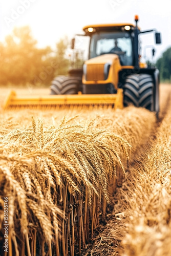 Agricultural machinery harvesting wheat