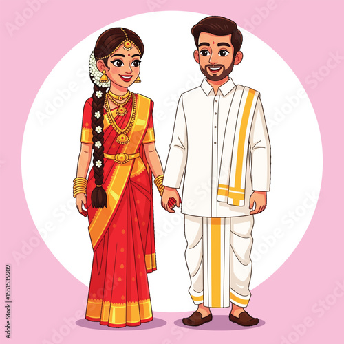 South Indian Wedding Couple Cartoon Illustration – Traditional Bride and Groom Vector