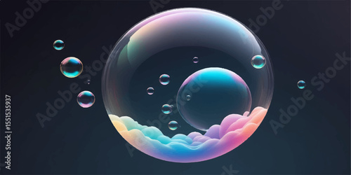 Colourful shiny soap bubbles reflect light against a dark background, illustrating clear spherical forms of liquid and energy in space
