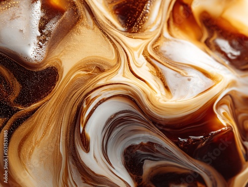 A close-up shot of the caramel and coffee and milk texture of iced cold brew. Generative AI
