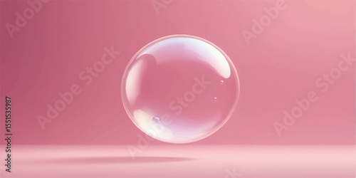 Pink transparent soap bubbles and a crystal ball reflect light in a shiny, round, glass-like sphere