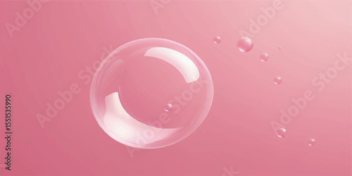 Pink translucent soap bubbles reflect light, creating a clear, spherical design against a black background