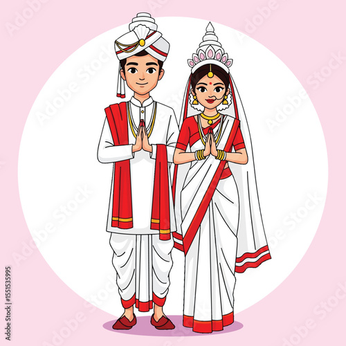 Traditional Bengali Wedding Couple in Namaste Pose – Vector Illustration