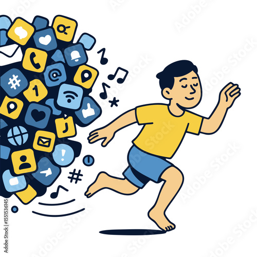 Young man running away from social media icons, seeking freedom and balance in life
