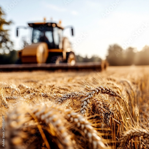 Agricultural machinery harvesting wheat