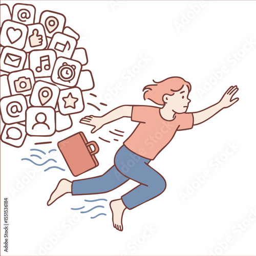 Person running away from social media icons, seeking freedom and simplicity in life