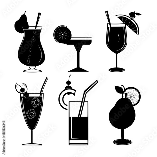 Modern black icons for drinks and cocktails feature illustrations of cocktail alcohol and cocktails with straws and fruit