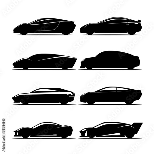 A collection set of concept supercar and regular car vehicle silhouettes, presented in a modern illustration style