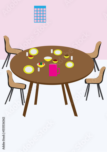 3D Render of a Modern Dining Table Set with Plates, Cups and a Jug 