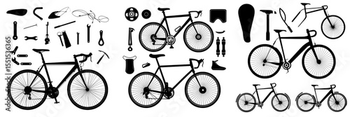 Silhouette set of road bike components and accessories for use in infographics and other designs