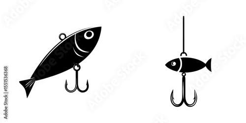 Modern illustration of fishing bait, a fish lure with a hook, presented as flat icons isolated on a white background