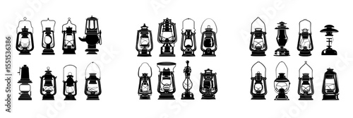 A collection of vintage lanterns is showcased against a white backdrop, featuring an assortment of oil lamps in various styles, from modern to retro, in a flat illustration