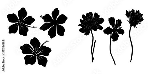 Three modern black flower silhouettes are isolated on a white background