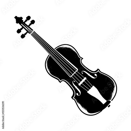 The illustration features a modern acoustic violin or fiddle positioned on a white background