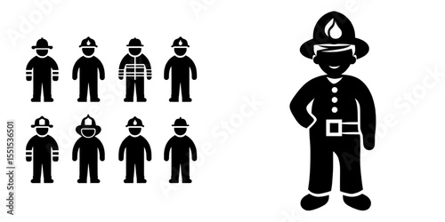 The illustration is a modern flat representation of a fire brigade, featuring isolated firemen characters on a white background