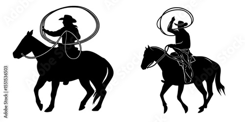 Modern illustration of a cowboy on horse with rope lasso in silhouette form isolated on white for western rodeo design