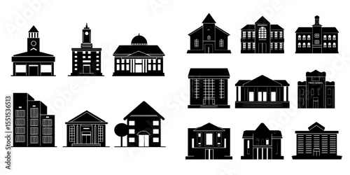 The illustration features a set of differently shaped building silhouettes, including a fire station, police department, school, university, bank, and hospital, all isolated on a white background in