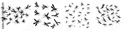 A group of mosquitoes in flight, depicted as a silhouette in a graphic image, isolated on a white background as a modern