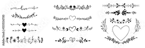 A contemporary collection of floral calligraphy elements, dividers, and love ornaments is available for embellishing pages and designing frames, including a decorative heart silhouette suitable for