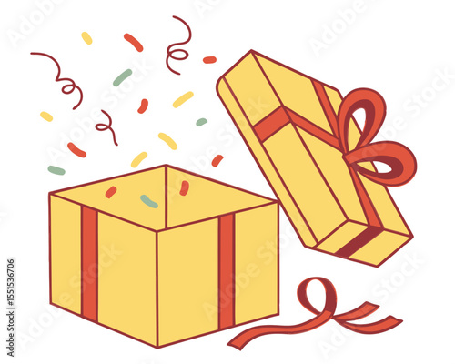 Gift Box with Ribbon and Confetti Illustration