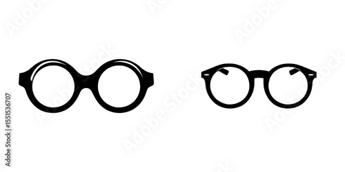 The Round Glasses icon is depicted in a modern style, isolated on a white background, presented as a flat illustration in black, available in EPS 10 format