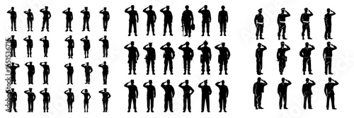 A vast assortment of modern soldier silhouettes in various poses is set against a plain white backdrop, including a saluting army soldier, symbolizing Memorial and Veteran's Day, and representing