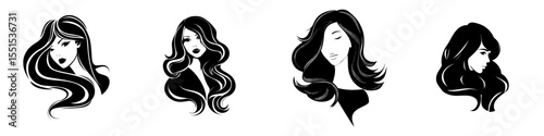 A beautiful woman's silhouette represents a decorative fashion girl in a beauty salon design, characterized by a young girl with thick, wavy hair