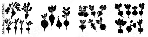 Collection of root vegetable silhouettes featuring leaves on a white backdrop