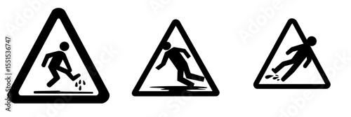 Modern illustration of a wet floor caution sign with a pictogram of a falling person silhouette, set against a white background