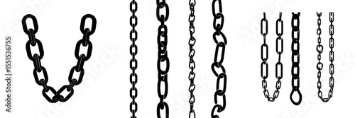 A monochrome set of various metal chains is depicted in silhouette, with seamless shapes suitable for designing logos, emblems, symbols, signs, badges, labels, and stamps, all isolated on a white