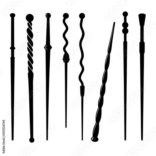 The modern illustration features a set of magic wands, a wizard tool, and a variety of wooden sticks, all with a black contour and isolated on a white background