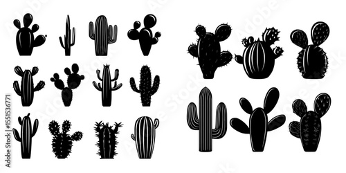 The image features an assortment of prickly pear cacti, with different Opuntia varieties isolated on white