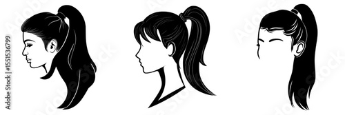 A woman's head is depicted in a hand-drawn graphic style, featuring a silhouette with a high ponytail haircut, set against a modern isolated white background