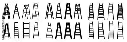 A dark silhouette is depicted alongside an assortment of metal ladders, showcasing various stepladder types, presented in a flat modern illustration set against a white backdrop