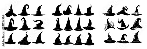 A collection of modern Halloween witch hats in silhouette form is isolated on a white background, embodying scary and creepy elements